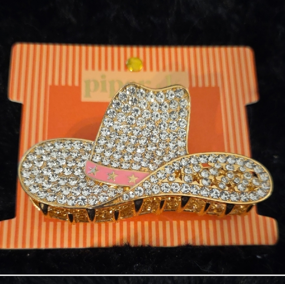 Piper Gold and Pink Crystal Cowboy Hat Hair Clip - Picture 2 of 3
